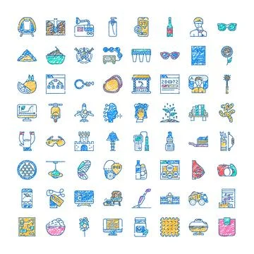Diverse hand drawn icon set lifestyle technology nature objects Stock Illustration