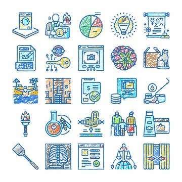 Diverse hand drawn icon set illustrating business technology science イラスト素材