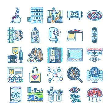 Diverse hand drawn icon set technology medicine lifestyle Stock Illustration