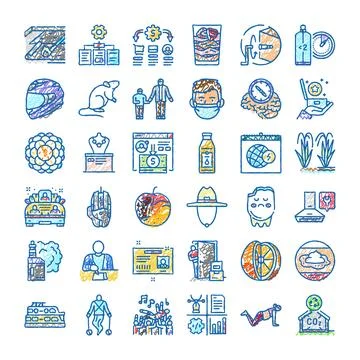 Diverse hand drawn icon set illustrating concepts and objects Stock Illustration