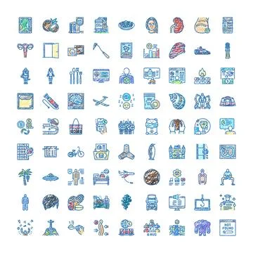 Diverse hand drawn icon set for travel, health and business concepts 스톡 일러스트