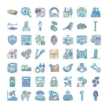 Diverse hand drawn icon set for business development and healthcare Stockillustratie