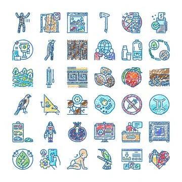Diverse hand drawn icons representing various concepts Stock Illustration