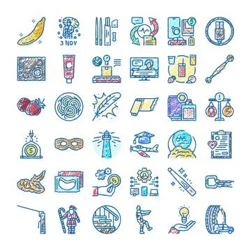 Diverse hand drawn icons representing various concepts Illustrazione stock