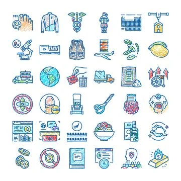 Diverse hand drawn icons representing various concepts Stock Illustration