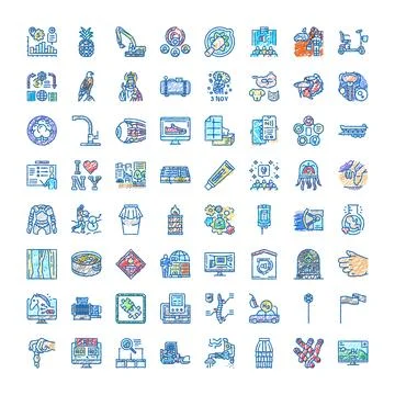 Diverse hand drawn pixel art style icons collection 库存插图