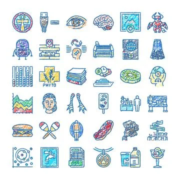 Diverse hand drawn scribble icons collection communicating concepts Stock Illustration