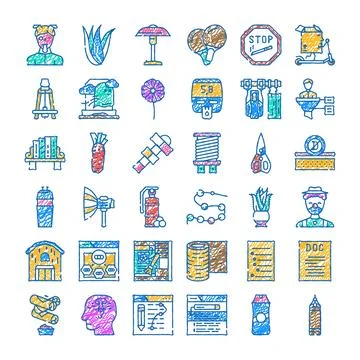 Diverse hand drawn scribbled icons set collection Stock Illustration