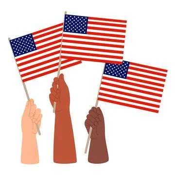 Diverse hands with American flags. Vector illustration in flat style for de.. Stock Illustration