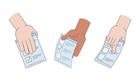 Diverse hands holding completed election ballots 2D cartoon clip art set Stock Illustration