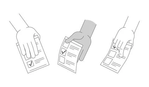 Diverse hands holding completed election ballots black and white cartoon clip 스톡 일러스트
