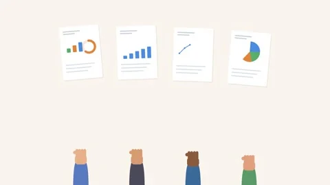 Diverse hands holding up data report sheets with animated charts, warm tone Stock Footage 342531757