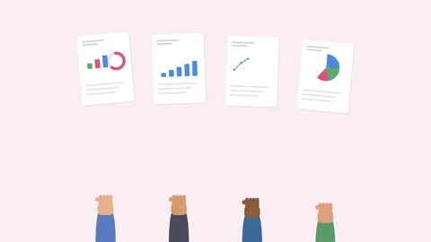 Diverse hands holding up data report sheets with animated charts, rose tone Stock Footage 342531810