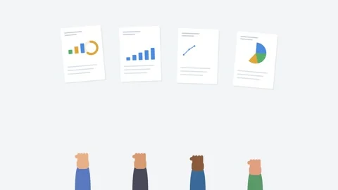 Diverse hands holding up data report sheets with animated charts, office tone Vídeos de archivo 342531856