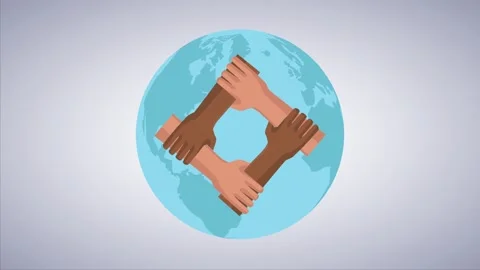 Diverse hands holding each other in circle above spinning globe motion grap.. 動画素材 338424179