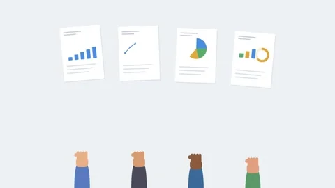 Diverse hands holding up financial report sheets with animated charts, gray tone Vidéo 342531740