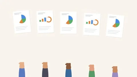 Diverse hands holding up report sheets with animated pie charts, warm tone Stock Footage 342530635