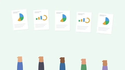 Diverse hands holding up report sheets with animated pie charts, mint tone 스톡 동영상 342530782