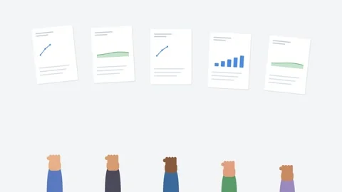 Diverse hands holding up report sheets with animated growth charts, office tone Vídeos de archivo 342531210