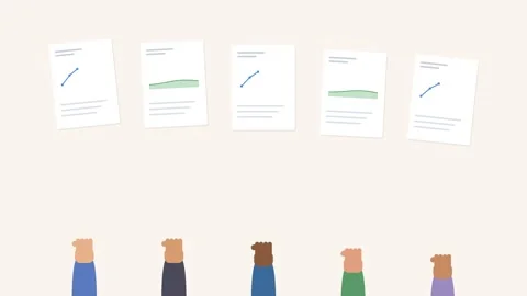 Diverse hands holding up report sheets with animated line and area charts 스톡 동영상 342531958