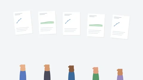 Diverse hands holding up report sheets with animated line and area charts Vídeos de archivo 342532002