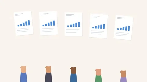 Diverse hands holding up report sheets with animated bar charts, warm tone 스톡 동영상 342532481