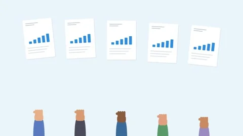 Diverse hands holding up report sheets with animated bar charts, sky blue tone Video stock 342532495