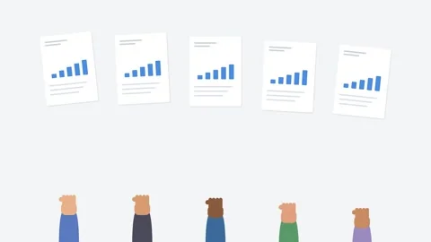 Diverse hands holding up report sheets with animated bar charts, office tone Vídeos de archivo 342532549