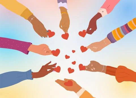Diverse hands sharing hearts symbolizing charity donation and community care Stock Illustration