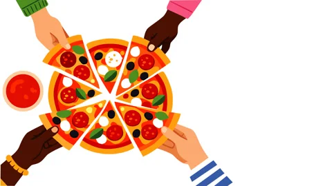 Diverse Hands Sharing Pizza Slices from Top View on White Background 스톡 동영상 331898989