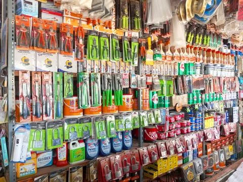 Diverse Hardware Tools Display at Store Stock Photos