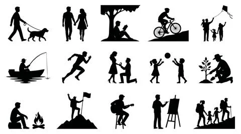 Diverse human activity silhouette collection vector illustration set Stock Illustration