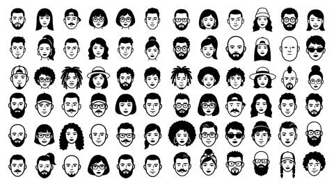 Diverse human face avatars collection minimalist black with community forums Stock Illustration