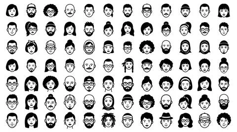 Diverse human face avatars collection monochrome minimalist character icon set Stock Illustration