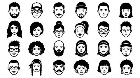 Diverse human face avatars collection minimalist black with grid twenty four Illustration