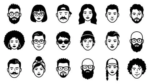 Diverse human face avatars collection minimalist vector icon graphic set Illustration