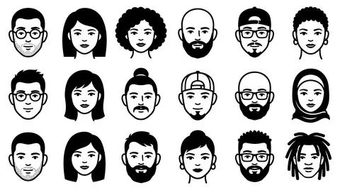 Diverse human face avatars collection minimalist vector icon set Illustration