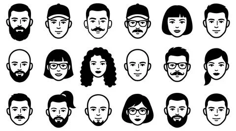 Diverse human face avatars collection minimalist vector icon set Illustration