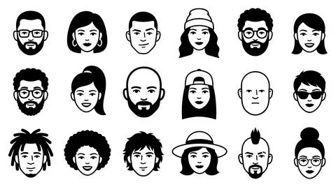 Diverse human face avatars collection minimalist vector graphic design set Illustration