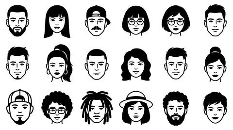 Diverse human face avatars collection minimalist black with digital interfaces Stock Illustration