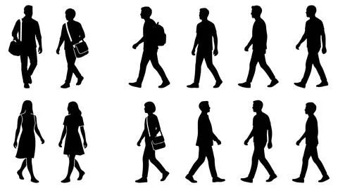 Diverse human silhouettes walking and carrying bags collection set vector Stock Illustration