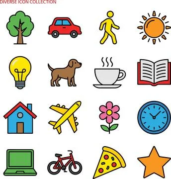 Diverse Icon Collection Featuring Everyday Objects and Concepts. Stock Illustration