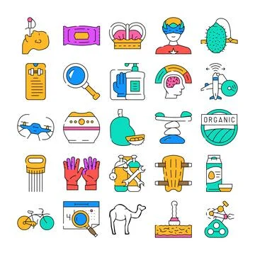 Diverse icon collection representing everyday objects and concepts Stock Illustration