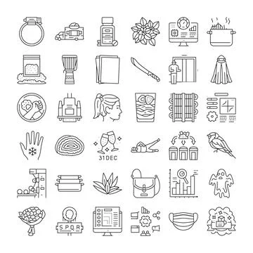 Diverse icon collection representing everyday objects and abstract concepts Stock Illustration