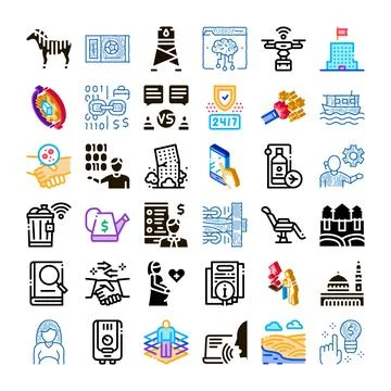 Diverse icon collection representing modern technology and business themes Stock Illustration