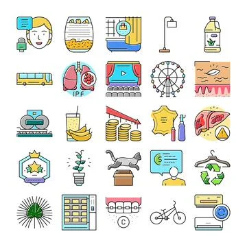 Diverse icon collection representing modern lifestyle and health concepts Stock Illustration