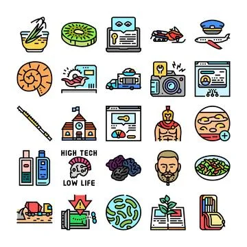 Diverse icon collection representing modern lifestyle and historical elements Ilustração Stock