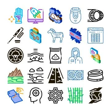 Diverse icon collection representing science nature technology industries Stock Illustration