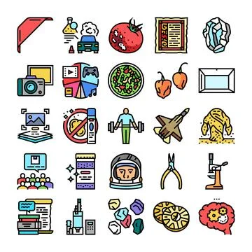 Diverse icon collection representing science, technology, and daily life Illustrazione stock