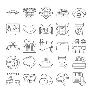Diverse icon collection representing technology, science, nature, and food Stock Illustration